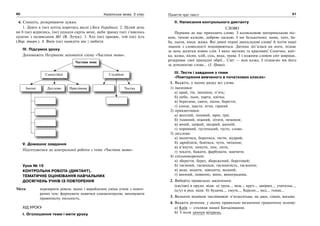 60 Українська мова. 5 клас60 6161Поняття про текст
4. Спишіть, розкриваючи дужки.
1. Довго я (не) хотіла коритись весні (Леся Українка). 2. Цілий день
ви б (не) журились, (не) шукали скрізь мене, якби зранку (не) з’явилось
цуценя з назвиськом Не! (В. Лучук). 3. Хто (не) працює, той (не) їсть
(Нар. творч.). 4. Вмів (не) навидіти він і любити.
IV. Підсумок уроку
Допоможіть Петрикові заповнити схему «Частини мови».
Частини мови
Самостійні Службові
Іменні Дієслово Прислівник Частка
V. Домашнє завдання
Підготуватися до контрольної роботи з теми «Частини мови».
Урок № 16
КОНТРОЛЬНА РОБОТА (ДИКТАНТ).
ТЕМАТИЧНЕ ОЦІНЮВАННЯ НАВЧАЛЬНИХ
ДОСЯГНЕНЬ УЧНІВ ІЗ ПОВТОРЕННЯ
Мета: перевірити рівень знань і вироблених умінь учнів з повто-
рених тем; формувати навички самоконтролю; виховувати
правописну пильність.
ХІД УРОКУ
І. Оголошення теми і мети уроку
ІІ. Написання контрольного диктанту
СЛОВО
Першим до нас приходить слово. З колисковою материнською піс-
нею, тихою казкою, доброю ласкою. І ми белькочемо: мама, тато, ба-
ба, льоля, киця, жижа. Які дивні перші двоскладові слова! А потім наші
знання з словесності поширюються. Дитина зіп’ялася на ноги, пізнає
за день десятки нових слів. І яких звучних та красивих! Сонечко, квіт-
ка, казка, пісня, хліб, сіль, вода, трава. І з кожним словом світ ширшає,
розкриває свої принадні обрії… Світ — мов казка. І пізнаємо ми його
за допомогою слова… (І. Цюпа).
ІІІ. Тести і завдання з теми
«Повторення вивченого в початкових класах»
1. Вкажіть, у якому рядку всі слова.
1) іменники:
а) край, тік, іменини, п’ять;
б) небо, льон, парта, квітка;
в) берегиня, свято, пісня, берегти;
г) сонце, щастя, ягня, гарний.
2) прикметники:
а) веселий, лінивий, мрія, три;
б) тьмяний, ніжний, літати, немовля;
в) юний, щирий, щедрий, ранній;
г) чорнявий, густенький, густо, слово.
3) дієслова:
а) молитися, боротися, тягти, мудрий;
б) заробляти, боятися, чути, читання;
в) в’янути, линути, лин, лити;
г) чекати, бажати, фарбувати, маячити.
4) спільнокореневі:
а) зберегти, берег, збережений, береговий;
б) таємний, таємниця, таємничість, таємниче;
в) вода, водити, заводити, водний;
г) винний, повинно, вино, виноградник.
2. Виберіть правильно закінчення:
(ею/ою) в орудн. відм. а) груш.., меж.., круч.., завірюх.., учительк..,
(а/у) в род. відм. б) будинк.., смутк.., Херсон.., мед.., гопак…
3. Визначте відмінок числівників: п’ятдесятьма, на двох, сімом, восьми.
4. Вкажіть речення, у якому правильно визначено граматичну основу:
а) Київ — столиця нашої Батьківщини.
б) З поля дихнув вітерець.
 