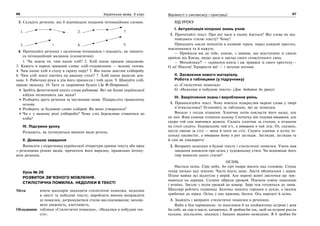 86 Українська мова. 5 клас86 8787Відомості з синтаксису і пунктуації
3. Складіть речення, які б відповідали поданим інтонаційним схемам.
1. . 2. ?
3. ! 4. ?!
4. Прочитайте речення з окличною інтонацією і покажіть, як змінить-
ся інтонаційний малюнок (схематично).
1. Чи знаєш ти, чим пахне хліб? 2. Хліб пахне працею людською.
3. Кажуть в народі правдиві слова: хліб-годувальник — всьому голова.
4. Чим пахне хліб в степу в гарячу пору? 5. Він пахне щастям хліборобу.
6. Чим хліб землі пахтить на вашому столі? 7. Хліб пахне радістю зем-
ною. 8. Роботящі руки в дім його принесли і тобі дали. 9. Шануйте хліб,
працю людську. 10. Їжте та здоровими будьте (За Ф.Петровим).
Зробіть фонетичний аналіз слова роботящі. Які ще букви української
азбуки позначають два звуки?
Розберіть друге речення за частинами мови. Підкресліть граматичну
основу.
Розберіть за будовою слово хлібороб. Як воно утворилося?
Чи є у вашому роді хлібороби? Чому слід бережливо ставитися до
хліба?
IV. Підсумки уроку
Розкажіть, як інтонуються вивчені види речень.
V. Домашнє завдання
Виписати з підручника української літератури уривок тексту або вірш
з реченнями різних видів, прочитати його виразно, правильно інтону-
ючи речення.
Урок № 28
РОЗВИТОК ЗВ’ЯЗНОГО МОВЛЕННЯ.
СТИЛІСТИЧНА ПОМИЛКА. НЕДОЛІКИ В ТЕКСТІ
Мета: вчити школярів знаходити стилістичні помилки, недоліки
в змісті та побудові тексту; виробляти вміння виправляти
ці помилки, дотримуватися стилю висловлювання; вихову-
вати уважність, кмітливість.
Обладнання: таблиця «Стилістичні помилки», «Недоліки в побудові тек-
сту».
ХІД УРОКУ
І. Актуалізація опорних знань учнів
1. Прочитайте текст. Про які часи в ньому йдеться? Які слова не від-
повідають стилю тексту? Чому?
Приходять посли печенігів в княжий терем, перед княжий престол,
поклонилися та й кажуть:
— Прийшли ми до тебе, князю, з заявою, що відступимо зі своєю
армією від Києва, якщо даси в заклад свого семилітнього сина.
— Михайлика?! — скрикнув князь і аж зірвався зі свого престолу.—
О ні! Ніколи! Терористи ви! — і затупав ногами.
ІІ. Засвоєння нового матеріалу.
Робота з таблицями (у підручнику)
а) «Стилістичні помилки»
б) «Недоліки в побудові тексту» (Див. додаток до уроку)
ІІІ. Закріплення знань і вироблення умінь
1. Проаналізуйте текст. Чому вчитель підкреслив окремі слова у творі
п’ятикласника? Установіть за таблицею, які це помилки.
Випало з гнізда пташеня. Хлопчик хотів покласти його назад, але
не зміг. Взяв хлопчик пташеня додому. Спочатку він годував пташеня, але
скоро той сам навчився жувати. Сидить хлопчик за столом, а пташеня
на столі сидить. Годувальник чай п’є, а пташеня в чай лізе. От, сказано,
пусти свиню за стіл — вона й ноги на стіл. Сидить хлопчик в кутку пі-
сеньку насвистує, а пташеня йому в рот заглядає. Заглядав, заглядав та
й сам як ушкварить!
2. Виправте недоліки в будові тексту і стилістичні помилки. Учень мав
завдання написати про осінь у художньому стилі. Чи відповідає його
твір вимогам цього стилю?
ОСІНЬ
Настала осінь. Сіре небо, бо сірі хмари висять над головою. Сонце
тепер низько над землею. Часто йдуть дощі. Листя обсипалося з дерев.
Птахи майже всі відлетіли у вирій. Але окремі жовті листочки ще три-
маються на деревах. Селяни зібрали урожай. Посіяли озиму пшеницю
і ячмінь. Звезли з полів урожай до комор. Звірі теж готуються до зими.
Школярі роблять годівниці. Білочка зносить горішки в дупло, а їжачок
грибочки до нірки. Осінь у нас красива, багата. Ось нарешті й осінь.
3. Знайдіть і виправте стилістичні помилки в реченнях.
Якби я був чарівником, то поселився б на необжитому острові і жив
би собі, як сир в маслі, качаючись. Я зробив би так, щоб на острові росли
пальми, апельсини, ананаси і банани видимо-невидимо. Я б зробив би
 