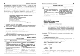 88 Українська мова. 5 клас88 8989Відомості з синтаксису і пунктуації
багато морозива і давав би його дітям безплатно. Я б купив усім дітям
по комп’ютеру, хай вчаться скільки влізе. Я б дістав собі найкращий ра-
кетний катер і катав би всіх дітей на ньому по водних просторах океану.
Я б зробив силу-силенну будинків, щоб люди в них жили-поживали і до-
бра наживали. Я б подарував батькам найкращу машину — «Мерседес»,
щоб мої предки мене не сварили і завжди були добрими, як мед.
4. З дужок виберіть найбільш доцільні слова, щоб у вірші вони риму-
валися.
Жовтогарячим (червоним) (вогнем, вогнищем, багаттям)
Дерева (палають, горять)
Під буйним (дощем, градом, водопадом)
Пожежа в (діброві, лісі, бору)
Аж неба (сягла, дістала)
А дощик не (відав, знав):
То ж осінь (прийшла, прибула, настала).
(С. Жупаник)
5. Мандрівка на «Острів мовних скарбів»
Чи існує в українській мові слово тека самостійно? Що воно означає?
Чи можна сказати, наприклад: Катруся зібрала в теку татові папери?
IV. Підсумки уроку:
Які помилки належать до стилістичних?
Які недоліки можуть траплятися у побудові тексту?
V. Домашнє завдання
Написати твір-мініатюру «Секрети погоди» або «Таємниці осені» у ху-
дожньому стилі. Працюючи в парах, виправте помилки.
Додаток до уроку
Стилістичні помилки
№
з/п
Характер помилки Приклади
1 Вживання слів, що властиві іншим
стилям
Дружинники князя Ігоря мітингу-
вали
2 Неправильне вживання слів з пере-
носним значенням, фразеологізмів
А Марійка з переляку заревіла, як
вівця. Петрик зробив з мухи слона
і пішов додому
3 Недоречне вживання емоційно за-
барвлених слів
За Мишком рубала крок його бабуся
4 Вживання в реченні зайвих слів
і слів-паразитів
«Значить, так, хлопці, починаємо,
значить, завтра»,— сказав Петро
5 Порушення милозвучності мови
(в — у, і — й, з — зі — із, під — піді)
В вікно видко всю вулицю. У Миколи
були й інші ігри
Недоліки в будові тексту
№
з/п
Характер помилки Приклади
1. Невдалий початок чи кінець тво-
ру, не пов’язаний з основною час-
тиною
1–3. Роман прокинувся. Подивився
у вікно і зітхнув: «Сніг землі до ли-
ця». Він відкрив очі. Білий сніг по-
кривав землю. Він заснув опівно-
чі і лежав із заплющеними очима.
А надворі тиша
2. Відсутність поділу тексту на абзаци
3. Відсутність смислового і граматич-
ного зв’язку між окремими абзаца-
ми, реченнями
Урок № 29–30
ДРУГОРЯДНІ ЧЛЕНИ РЕЧЕННЯ.
ДОДАТОК, ОЗНАЧЕННЯ.
РЕЧЕННЯ ПОШИРЕНІ І НЕПОШИРЕНІ
Мета: поглибити знання учнів про другорядні члени речення, на-
вчити визначати їх у реченні; формувати уміння і навички
аналізувати будову речення, визначати способи вираження
членів речення, конструювати речення, доцільно вживати
їх у мовленні; виховувати естетичні смаки, любов до пре-
красного.
Обладнання: схема синтаксичного розбору речення (на кожній парті).
ХІД УРОКУ
І. Актуалізація опорних знань
1. Проведіть дослідження: ставлячи запитання від підмета, визначте, які
слова залежать у реченні від нього; так само з’ясуйте слова, залежні
від присудка. Запишіть схематично за зразком.
Зразок: Сивенький вечір стукає у двері.
вечір стукає
який? куди?
Сивенький у двері.. . .
1. Воду п’є з Дніпра теплий вересень. 2. Останні грона калини го-
рять на голому кущі. 3. Десь сплять тумани срібнокрилі. 4. Осіння ніч
розтрушує зірки.
 