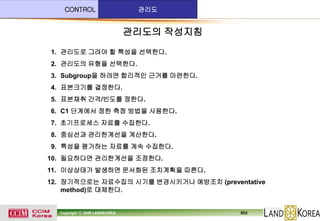 CONTROL

관리도

관리도의 작성지침
1. 관리도로 그려야 할 특성을 선택한다.
2. 관리도의 유형을 선택한다.
3. Subgroup을 하려면 합리적인 근거를 마련한다.
4. 표본크기를 결정한다.
5. 표본채취 간격/빈도를 정한다.

6. C1 단계에서 정한 측정 방법을 사용한다.
7. 초기프로세스 자료를 수집한다.
8. 중심선과 관리한계선을 계산한다.
9. 특성을 평가하는 자료를 계속 수집한다.
10. 필요하다면 관리한계선을 조정한다.
11. 이상상태가 발생하면 문서화된 조치계획을 따른다.
12. 장기적으로는 자료수집의 시기를 변경시키거나 예방조치 (preventative
method)로 대체한다.

Copyright ⓒ 2009 LANDKOREA

853

 