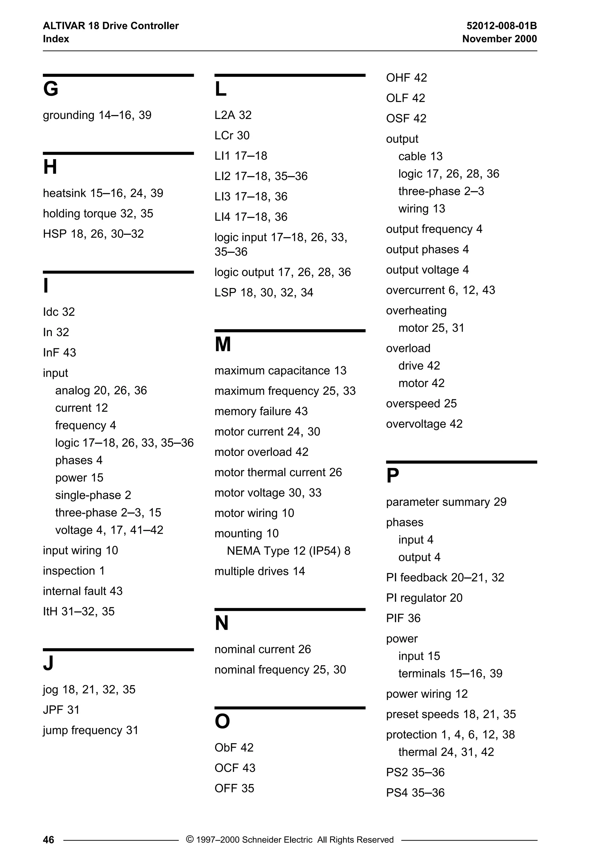 ALTIVAR 18 Drive Controller 52012-008-01B 
Index November 2000 
G 
grounding 14–16, 39 
H 
heatsink 15–16, 24, 39 
holding torque 32, 35 
HSP 18, 26, 30–32 
I 
Idc 32 
In 32 
InF 43 
input 
analog 20, 26, 36 
current 12 
frequency 4 
logic 17–18, 26, 33, 35–36 
phases 4 
power 15 
single-phase 2 
three-phase 2–3, 15 
voltage 4, 17, 41–42 
input wiring 10 
inspection 1 
internal fault 43 
ItH 31–32, 35 
J 
jog 18, 21, 32, 35 
JPF 31 
jump frequency 31 
L 
L2A 32 
LCr 30 
LI1 17–18 
LI2 17–18, 35–36 
LI3 17–18, 36 
LI4 17–18, 36 
logic input 17–18, 26, 33, 
35–36 
logic output 17, 26, 28, 36 
LSP 18, 30, 32, 34 
M 
maximum capacitance 13 
maximum frequency 25, 33 
memory failure 43 
motor current 24, 30 
motor overload 42 
motor thermal current 26 
motor voltage 30, 33 
motor wiring 10 
mounting 10 
NEMA Type 12 (IP54) 8 
multiple drives 14 
N 
nominal current 26 
nominal frequency 25, 30 
O 
ObF 42 
OCF 43 
OFF 35 
OHF 42 
OLF 42 
OSF 42 
output 
cable 13 
logic 17, 26, 28, 36 
three-phase 2–3 
wiring 13 
output frequency 4 
output phases 4 
output voltage 4 
overcurrent 6, 12, 43 
overheating 
motor 25, 31 
overload 
drive 42 
motor 42 
overspeed 25 
overvoltage 42 
P 
parameter summary 29 
phases 
input 4 
output 4 
PI feedback 20–21, 32 
PI regulator 20 
PIF 36 
power 
input 15 
terminals 15–16, 39 
power wiring 12 
preset speeds 18, 21, 35 
protection 1, 4, 6, 12, 38 
thermal 24, 31, 42 
PS2 35–36 
PS4 35–36 
46 © 1997–2000 Schneider Electric All Rights Reserved 
 