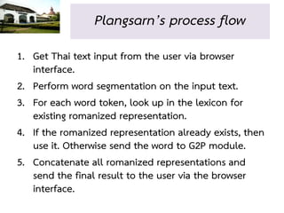 Plangsarn’s process flow
1. Get Thai text input from the user via browser
   interface.
2. Perform word segmentation on th...