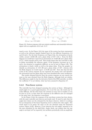 time (s)
0 5 10 15 20
angle(deg)
-15
-10
-5
0
5
10
15
φ
θ
ψ
(a) ωφ = ωθ = 0.5 rad/s
time (s)
0 0.2 0.4 0.6 0.8 1
angle(deg)
-15
-10
-5
0
5
10
15
φ
θ
ψ
(b) ωφ = ωθ = 10 rad/s
Figure 3.3: System response with zero initial conditions and sinusoidal reference
signal with an amplitude of 0.2 rad, 11.5◦
.
equal to zero. In the Figure (3.3) the input of the system has been represented
as well as the reference signals (dashed lines) for two diﬀerent frequencies, 0.5
and 10 rad/s. For the lower frequency, see Figure 3.3a, the attenuation is barely
visible, around +0.035 dB, and a phase delay of 8.9◦
, 0.31 s. From the Bode
diagram we would have expected an attenuation of +0.025 dB and a phase delay
of 7.5◦
, which matches pretty well. This results shows that the controller is able
to follow successfully the reference signal. If the frequency increases up to 10
rad/s, the situation is completely diﬀerent, as can be seen in Figure 3.3b. The
attenuation is clearly visible as well as the phase delay. From the graphic we
identify an attenuation of -13.8 dB and a phase delay of 158◦
, whereas with
the Bode diagram we would expect -11.9 dB and 135◦
. Note also that the ﬁrst
cycles of the system response do not represent the steady state and therefore
the attenuation and the phase delay have been identiﬁed after some oscillations.
The results obtained directly from the system response are not exactly the
same as the ones obtained from the Bode diagram, although both are similar.
The diﬀerences might be due the derivative block of the PID controller, in which
the coeﬃcient N is not inﬁnity, what has been assumed in Equation 3.7.
3.4.2 Non-linear system
The controller has been designed assuming the system as linear. Although for
small angles it is a good approximation, if it is not the case, the result may be
really diﬀerent. On the other hand, the rotation in every axes is coupled, as can
be seen in (2.14), so that when the rotations in the diﬀerent axes are managed
at the same time, the behavior is non-linear.
In the Figure (3.4a) the response of the non-linear system has been shown,
with the same controller and observer previously used. It must be said, that the
angles here shown are the estimated by the linear observer, which it is nothing
but an integration of the linear Equations (3.2) to obtain the euler angles. The
result seems to be pretty the same as the one obtained using the linearized
system, Figure (3.3b). However, if one observes the real angles, assumed to be
the ones calculated by the 6dof Euler Angles block, one realizes that the yaw
angle is not kept in 0◦
as requested, but oscillates periodically with an amplitude
15
 