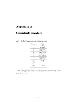 Appendix A
Simulink models
A.1 3dof quadcopter parameters
Parameter Value
m 2.85 kg
d 0.1969 m
dN
1
0.0182 m
Ix 0.0552 kg·m2
Iy 0.0552 kg·m2
Iz 0.1104 kg·m2
ωm 100/15 rad/s
µ 0.5940 N/V
g 9.8 m/s2
Vmax 22 V
Vmin 0 V
pmax
qmax ±40◦
/s
rmax
1Note that the relationship between forces and yaw moment and the voltage to be supplied
to the engines is diﬀerent from how they are described in the exercise formulation, having now
µ = K and dN = K2/K.
53
 