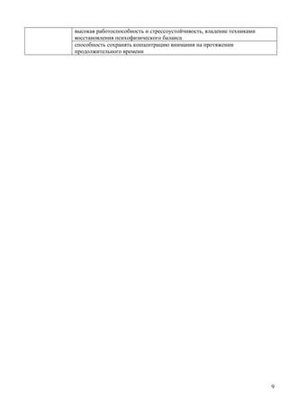 9
высокая работоспособность и стрессоустойчивость, владение техниками
восстановления психофизического баланса
способность сохранять концентрацию внимания на протяжении
продолжительного времени
 