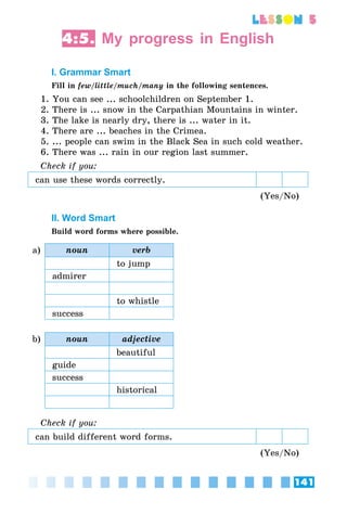 141
lesson 5
4:5. My progress in English
I. Grammar Smart
Fill in few/little/much/many in the following sentences.
1. You can see ... schoolchildren on September 1.
2. There is ... snow in the Carpathian Mountains in winter.
3. The lake is nearly dry, there is ... water in it.
4. There are ... beaches in the Crimea.
5. ... people can swim in the Black Sea in such cold weather.
6. There was ... rain in our region last summer.
Check if you:
can use these words correctly.  
(Yes/No)
II. Word Smart
Build word forms where possible.
a) noun verb
to jump
admirer
to whistle
success
b) noun adjective
beautiful
guide
success
historical
Check if you:
can build different word forms.
(Yes/No)
 