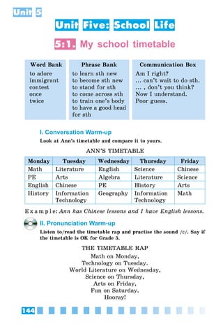 144
Unit 5
Unit Five: School Life
5:1. My school timetable
Word Bank Phrase Bank Communication Box
to adore
immigrant
contest
once
twice
to learn sth new
to become sth new
to stand for sth
to come across sth
to train one’s body
to have a good head
for sth
Am I right?
... can’t wait to do sth.
... , don’t you think?
Now I understand.
Poor guess.
I. Conversation Warm-up
Look at Ann’s timetable and compare it to yours.
ANN’S TIMETABLE
Monday Tuesday Wednesday Thursday Friday
Math Literature English Science Chinese
PE Arts Algebra Literature Science
English Chinese PE History Arts
History Information
Technology
Geography Information
Technology
Math
E x a m p l e:	Ann has Chinese lessons and I have English lessons.
II. Pronunciation Warm-up
Listen to/read the timetable rap and practise the sound /e/. Say if
the timetable is OK for Grade 5.
THE TIMETABLE RAP
Math on Monday,
Technology on Tuesday.
World Literature on Wednesday,
Science on Thursday,
Arts on Friday,
Fun on Saturday.
Hooray!
 