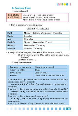 145
lesson 1
III. Grammar Smart
1. Look and recall!
BrE Maths
AmE Math
once a week = one time a week
twice a week = two times a week
three times a week, four times a week
•• Play a grammar question game.
STEVE’S TIMETABLE
Math Monday, Friday, Wednesday, Thursday
Music Tuesday
Art Thursday
English Monday, Wednesday, Friday
History Wednesday, Thursday
Science Tuesday, Thursday
E x a m p l e:	A:	How often does Steve have Maths lessons?
	 B:	Four times a week. How often does he have music
lessons?
	 A:	Once a week ... .
2. Read and remember!
Too many / too much More than we need
A few / a little Some
Few / little Almost none
Several More than a few but not a lot
Для того, щоб правильно сказати, чого є багато або мало у
шкільному житті, вживай:
a) many, a lot of, a few, few and several з іменниками у
множині:
E x a m p l e:	There are so many new subjects on the timetable!
b) much, lot of, a little, little з незліченними іменниками
в однині:
E x a m p l e:	There is so much work to do!
c) many / much та інші + of перед займенниками та
артиклями:
E x a m p l e:	Several of my classmates have changed schools.
 