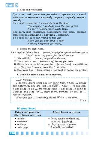 158
Unit 5
3. Read and remember!
Для того, щоб правильно розповідати про когось, вживай
займенники someone / somebody, anyone / anybody, no one /
nobody.
E x a m p l e:	Someone / somebody is at the door.
	 Has anyone / anybody won the first prize?
	 No one / nobody must waste time.
Для того, щоб правильно розповідати про щось, вживай
займенники something / anything / nothing.
E x a m p l e:	I have something to tell you.
	 Have you got anything to say?
	 Nothing happened yesterday.
a) Choose the right word.
E x a m p l e:	I don’t have ... (some / any) plans for the afternoon. →
I don’t have any plans for the afternoon.
1. We will do ... (some / any) after classes.
2. Helen can draw ... (some/ any) funny pictures.
3. Steve has never taken part in ... (some /any) competitions.
4. ... (Anyone / no one) won the first prize.
5. Everyone has ... (something / nothing) to do for the project.
b) Complete Steve’s e-mail with pronouns.
Dear friends,
I haven’t heard from you for some time. I hope ... wrong
has happened, you are just too busy. I have ... to tell you:
I am going to do ... travelling soon. I am going to come to
Ukraine and stay for ... days there. Perhaps we will do ...
special together.
Have you got ... travelling plans? Write to me soon.
Steve
IV. Word Smart
Things and plans for
after-classes activities
After-classes activities
•• music
•• cartoons
•• outings
•• web page
•• doing sports (swimming,
running, jogging)
•• playing sports games:
football, basketball
 