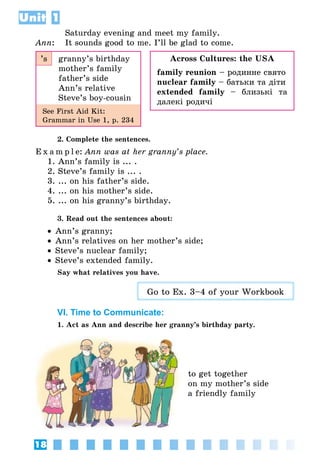 18
Unit 1
Saturday evening and meet my family.
Ann:	 It sounds good to me. I’ll be glad to come.
’s granny’s birthday
mother’s family
father’s side
Ann’s relative
Steve’s boy-cousin
See First Aid Kit:
Grammar in Use 1, p. 234
2. Complete the sentences.
E x a m p l e:	Ann was at her granny’s place.
1. Ann’s family is ... .
2. Steve’s family is ... .
3. ... on his father’s side.
4. ... on his mother’s side.
5. ... on his granny’s birthday.
3. Read out the sentences about:
•• Ann’s granny;
•• Ann’s relatives on her mother’s side;
•• Steve’s nuclear family;
•• Steve’s extended family.
Say what relatives you have.
Go to Ex. 3–4 of your Workbook
VI. Time to Communicate:
1. Act as Ann and describe her granny’s birthday party.
to get together
on my mother’s side
a friendly family
Across Cultures: the USA
family reunion – родинне свято
nuclear family – батьки та діти
extended family – близькі та
далекі родичі
 