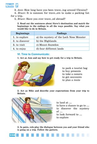 208
Unit 7
3. Ann: How long have you been trave..ing around Ukraine?
4. Bruce: It is common for trave..ers to make a packing list
for a trip.
5. Bruce: Have you ever trave..ed abroad?
3. Read out the sentences about Steve’s destination and match the
beginnings to the endings in all the ways possible. Say what you
would like to do in Britain.
Beginnings Endings
1. to explore a) the mystery of the Loch Ness Monster
2. to discover b) the Highlands
3. to visit c) Mount Snowdon
4. to enjoy d) four different lands
VI. Time to Communicate:
1. Act as Ann and say how to get ready for a trip to Britain.
to pack a tourist bag
to buy presents
to take a camera
to get souvenirs
to plan a route
2. Act as Mike and describe your expectations from your trip to
Britain.
to land at ...
to have a chance to go to ...
to discover the mystery
of ...
to look forward to ...
to explore
3. In pairs, role-play the dialogue between you and your friend who
is going on a trip. Follow the pattern.
 