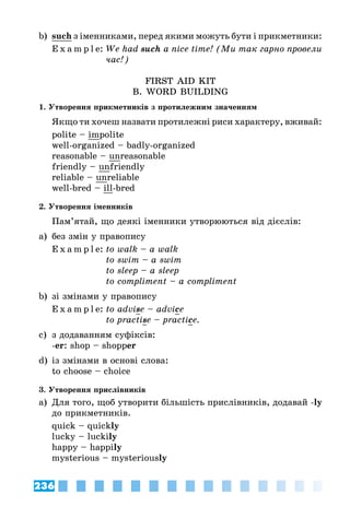 236
b)	 such з іменниками, перед якими можуть бути і прикметники:
E x a m p l e:	We had such a nice time! (Ми так гарно провели
час!)
FIRST AID KIT
B. WORD BUILDING
1. Утворення прикметників з протилежним значенням
Якщо ти хочеш назвати протилежні риси характеру, вживай:
polite – impolite
well-organized – badly-organized
reasonable – unreasonable
friendly – unfriendly
reliable – unreliable
well-bred – ill-bred
2. Утворення іменників
Пам’ятай, що деякі іменники утворюються від дієслів:
а)	 без змін у правопису
E x a m p l e:	to walk – a walk
		 to swim – a swim
		 to sleep – a sleep
		 to compliment – a compliment
b)	 зі змінами у правопису
E x a m p l e:	to advise – advice
	 to practise – practice.
c)	 з додаванням суфіксів:
-er: shop – shopper
d)	із змінами в основі слова:
to choose – choice
3. Утворення прислівників
a)	 Для того, щоб утворити більшість прислівників, додавай -ly
до прикметників.
quick – quickly
lucky – luckily
happy – happily
mysterious – mysteriously
 