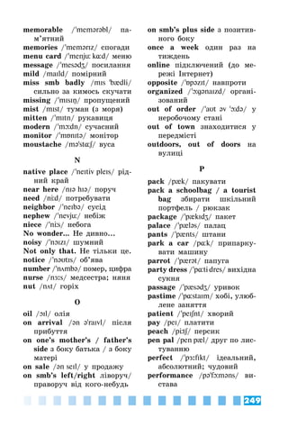 249
memorable / 'memərəbl/ па­
м’ятний
memories / 'memərIz/ спогади
menu card / 'menjü k¸d/ меню
message / 'mesədZ/ посилання
mild /maIld/ помірний
miss smb badly /mIs 'b{dli/
сильно за кимось скучати
missing / 'mIsIŋ/ пропущений
mist /mIst/ туман (з моря)
mitten / 'mItn/ рукавиця
modern / 'mþdn/ сучасний
monitor / 'mÁnItə/ монітор
moustache /mə'st¸ʃ/ вуса
N
native place / 'neItiv pleIs/ рід­
ний край
near here /nIə hIə/ поруч
need /nÖd/ потребувати
neighbor / 'neIbə/ сусід
nephew / 'nevjü/ небіж
niece / 'nÖs/ небога
No wonder... Не дивно...
noisy / 'nOIzI/ шумний
Not only that. Не тільки це.
notice / 'nəυtIs/ об’ява
number / 'nmbə/ помер, цифра
nurse /nЖ:s/ медсестра; няня
nut /nt/ горіх
O
oil /OIl/ олія
on arrival /ən ə'raIvl/ після
при­буття
on one’s mother’s / father’s
side з боку батька / з боку
матері
on sale /ən seIl/ у продажу
on smb’s left/right ліворуч/
праворуч від кого-небудь
on smb’s plus side з позитив­
ного боку
once a week один раз на
тиждень
online підключений (до ме­
режі Інтернет)
opposite / 'ÁpəzIt/ навпроти
organized / 'þgənaIzd/ органі­
зований
out of order / 'aυt əv 'þdə/ у
неробочому стані
out of town знаходитися у
передмісті
outdoors, out of doors на
вулиці
P
pack /p{k/ пакувати
pack a schoolbag / a tourist
bag збирати шкільний
портфель / рюкзак
package / 'p{kIdZ/ пакет
palace / 'p{ləs/ палац
pants / 'p{nts/ штани
park a car /p¸k/ припарку­
вати машину
parrot / 'p{rət/ папуга
party dress / 'p¸ti dres/ вихідна
сукня
passage / 'p{sədZ/ уривок
pastime / 'p¸staIm/ хобі, улюб­
лене заняття
patient / 'peIʃnt/ хворий
pay /peI/ платити
peach /pÖtʃ/ персик
pen pal /pen p{l/ друг по лис­
туванню
perfect / 'pЖ:fIkt/ ідеальний,
абсолютний; чудовий
performance /p@'fþm@ns/ ви­
става
 