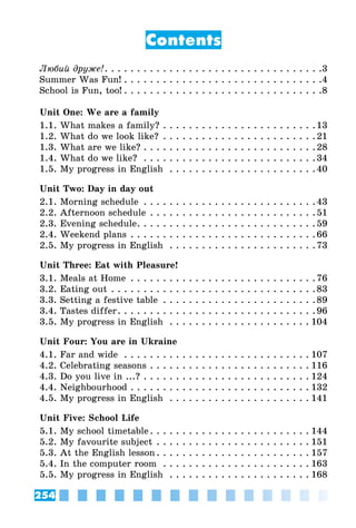 254
Contents
Любий друже!. . . . . . . . . . . . . . . . . . . . . . . . . . . . . . . . . . 3
Summer Was Fun!. . . . . . . . . . . . . . . . . . . . . . . . . . . . . . . 4
School is Fun, too!. . . . . . . . . . . . . . . . . . . . . . . . . . . . . . . 8
Unit One: We are a family
1.1. What makes a family?. . . . . . . . . . . . . . . . . . . . . . . . 13
1.2. What do we look like?. . . . . . . . . . . . . . . . . . . . . . . . 21
1.3. What are we like?. . . . . . . . . . . . . . . . . . . . . . . . . . . 28
1.4. What do we like? . . . . . . . . . . . . . . . . . . . . . . . . . . . 34
1.5. My progress in English . . . . . . . . . . . . . . . . . . . . . . . 40
Unit Two: Day in day out
2.1. Morning schedule . . . . . . . . . . . . . . . . . . . . . . . . . . . 43
2.2. Afternoon schedule. . . . . . . . . . . . . . . . . . . . . . . . . . 51
2.3. Evening schedule. . . . . . . . . . . . . . . . . . . . . . . . . . . . 59
2.4. Weekend plans. . . . . . . . . . . . . . . . . . . . . . . . . . . . . 66
2.5. My progress in English . . . . . . . . . . . . . . . . . . . . . . . 73
Unit Three: Eat with Pleasure!
3.1. Meals at Home . . . . . . . . . . . . . . . . . . . . . . . . . . . . . 76
3.2. Eating out. . . . . . . . . . . . . . . . . . . . . . . . . . . . . . . . 83
3.3. Setting a festive table . . . . . . . . . . . . . . . . . . . . . . . . 89
3.4. Tastes differ. . . . . . . . . . . . . . . . . . . . . . . . . . . . . . . 96
3.5. My progress in English . . . . . . . . . . . . . . . . . . . . . .  104
Unit Four: You are in Ukraine
4.1. Far and wide . . . . . . . . . . . . . . . . . . . . . . . . . . . . .  107
4.2. Celebrating seasons. . . . . . . . . . . . . . . . . . . . . . . . .  116
4.3. Do you live in ...?. . . . . . . . . . . . . . . . . . . . . . . . . .  124
4.4. Neighbourhood. . . . . . . . . . . . . . . . . . . . . . . . . . . .  132
4.5. My progress in English . . . . . . . . . . . . . . . . . . . . . .  141
Unit Five: School Life
5.1. My school timetable. . . . . . . . . . . . . . . . . . . . . . . . .  144
5.2. My favourite subject. . . . . . . . . . . . . . . . . . . . . . . .  151
5.3. At the English lesson. . . . . . . . . . . . . . . . . . . . . . . .  157
5.4. In the computer room . . . . . . . . . . . . . . . . . . . . . . .  163
5.5. My progress in English . . . . . . . . . . . . . . . . . . . . . .  168
 
