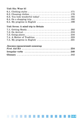 255
Unit Six: Wear it!
6.1. Clothing styles. . . . . . . . . . . . . . . . . . . . . . . . . . . .  171
6.2. Choosing clothes. . . . . . . . . . . . . . . . . . . . . . . . . . .  178
6.3. You look wonderful today! . . . . . . . . . . . . . . . . . . . .  185
6.4. On a shopping trip. . . . . . . . . . . . . . . . . . . . . . . . . .  192
6.5. My progress in English . . . . . . . . . . . . . . . . . . . . . .  199
Unit Seven: A mind trip to Britain
7.1. Getting Ready. . . . . . . . . . . . . . . . . . . . . . . . . . . . .  202
7.2. On Arrival. . . . . . . . . . . . . . . . . . . . . . . . . . . . . . .  210
7.3. Going places. . . . . . . . . . . . . . . . . . . . . . . . . . . . . .  216
7.4. A Matter of Tradition . . . . . . . . . . . . . . . . . . . . . . .  223
7.5. My progress in English . . . . . . . . . . . . . . . . . . . . . .  231
Лексико-граматичний коментар
First Aid Kit . . . . . . . . . . . . . . . . . . . . . . . . . . . . . . . . . . .  234
Irregular verbs . . . . . . . . . . . . . . . . . . . . . . . . . . . . . . . . .  240
Glossary . . . . . . . . . . . . . . . . . . . . . . . . . . . . . . . . . . .  242
 