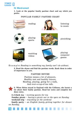 36
Unit 1
IV. Word-smart
1. Look at the popular family pastime chart and say which you
prefer.
POPULAR FAMILY PASTIME CHART
reading listening
to music
playing
sports
picnicking
watching
videos
playing
computer
games
E x a m p l e:	Reading is something my family can’t do without.
2. Read the rhyme and find the pastime words. Rank them in order
of importance to you.
PASTIME RHYME
Pastime means a lot of pleasure,
Healthy rest and healthy leisure,
Reading, playing, going for a walk,
And over-a-cup-of-tea talk.
3. When Helen stayed in England with the Collinses, she learnt a
lot about their family pastime. Read her notes and complete her
diary entry.
5 o’clock tea – inviting guests for tea
Sunday picnic – having a picnic out in the open on Sunday
weekend trip – travelling at the weekend
family party – an English family getting together for dinner
on Sunday.
 