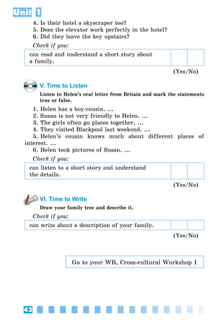 42
Unit 1
4. Is their hotel a skyscraper too?
5. Does the elevator work perfectly in the hotel?
6. Did they leave the key upstairs?
Check if you:
can read and understand a short story about
a family.
(Yes/No)
V. Time to Listen
Listen to Helen’s oral letter from Britain and mark the statements
true or false.
1. Helen has a boy-cousin. ...
2. Susan is not very friendly to Helen. ...
3. The girls often go places together. ...
4. They visited Blackpool last weekend. ...
5. Helen’s cousin knows much about different places of
interest. ...
6. Helen took pictures of Susan. ...
Check if you:
can listen to a short story and understand
the details.
(Yes/No)
VI. Time to Write
Draw your family tree and describe it.
Check if you:
can write about a description of your family.
(Yes/No)
Go to your WB, Cross-cultural Workshop 1
 