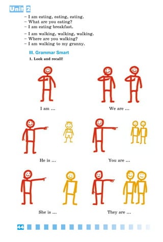 44
Unit 2
– I am eating, eating, eating.
– What are you eating?
– I am eating breakfast.
– I am walking, walking, walking.
– Where are you walking?
– I am walking to my granny.
III. Grammar Smart
1. Look and recall!
I am ... We are ...
He is ... You are ...
She is ... They are ...
 