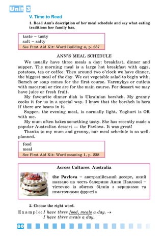 80
Unit 3
V. Time to Read
1. Read Ann’s description of her meal schedule and say what eating
traditions her family has.
taste – tasty
salt – salty
See First Aid Kit: Word Building 4, p. 237
ANN’S MEAL SCHEDULE
We usually have three meals a day: breakfast, dinner and
supper. The morning meal is a large hot breakfast with eggs,
potatoes, tea or coffee. Then around two o’clock we have dinner,
the biggest meal of the day. We eat vegetable salad to begin with.
Borsch or soup comes for the first course. Varenykys or cutlets
with macaroni or rice are for the main course. For dessert we may
have juice or fresh fruit.
My favourite dinner dish is Ukrainian borshch. My granny
cooks it for us in a special way. I know that the borshch is hers
if there are beans in it.
Supper, the evening meal, is normally light. Yoghurt is OK
with me.
My mum often bakes something tasty. She has recently made a
popular Australian dessert — the Pavlova. It was great!
Thanks to my mum and granny, our meal schedule is so well-
planned.
food
meal
See First Aid Kit: Word meaning 1, p. 238
Across Cultures: Australia
the Pavlova – австралійський десерт, який
названо на честь балерини Анни Павлової –
тістечко із збитих білків з вершками та
шматочками фруктів
2. Choose the right word.
E x a m p l e:	I have three food, meals a day. →
	 I have three meals a day.
 