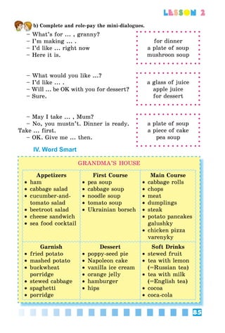 85
lesson 2
b) Complete and role-pay the mini-dialogues.
– What’s for ... , granny?
– I’m making ... .
– I’d like ... right now
– Here it is.
– What would you like ...?
– I’d like ... .
– Will ... be OK with you for dessert?
– Sure.
– May I take ... , Mum?
– No, you mustn’t. Dinner is ready.
Take ... first.
– OK. Give me ... then.
IV. Word Smart
GRANDMA’S HOUSE
Appetizers
•• ham
•• cabbage salad
•• cucumber-and-
tomato salad
•• beetroot salad
•• cheese sandwich
•• sea food cocktail
First Course
•• pea soup
•• cabbage soup
•• noodle soup
•• tomato soup
•• Ukrainian borsch
Main Course
•• cabbage rolls
•• chops
•• meat
•• dumplings
•• steak
•• potato pancakes
galushky
•• chicken pizza
varenyky
Garnish
•• fried potato
•• mashed potato
•• buckwheat
porridge
•• stewed cabbage
•• spaghetti
•• porridge
Dessert
•• poppy-seed pie
•• Napoleon cake
•• vanilla ice cream
•• orange jelly
•• hamburger
•• hips
Soft Drinks
•• stewed fruit
•• tea with lemon
(=Russian tea)
•• tea with milk
(=English tea)
•• cocoa
•• coca-cola
for dinner
a plate of soup
mushroon soup
a glass of juice
apple juice
for dessert
a plate of soup
a piece of cake
pea soup
 