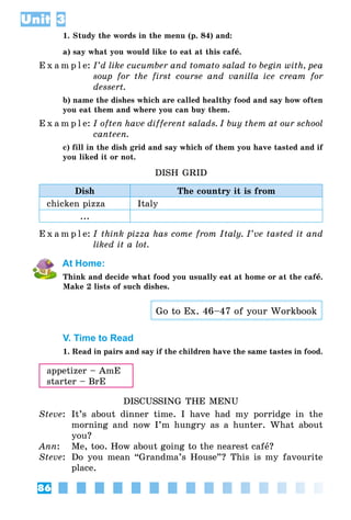 86
Unit 3
1. Study the words in the menu (p. 84) and:
a) say what you would like to eat at this café.
E x a m p l e:	I’d like cucumber and tomato salad to begin with, pea
soup for the first course and vanilla ice cream for
dessert.
b) name the dishes which are called healthy food and say how often
you eat them and where you can buy them.
E x a m p l e:	I often have different salads. I buy them at our school
canteen.
c) fill in the dish grid and say which of them you have tasted and if
you liked it or not.
DISH GRID
Dish The country it is from
chicken pizza Italy
...
E x a m p l e:	I think pizza has come from Italy. I’ve tasted it and
liked it a lot.
At Home:
Think and decide what food you usually eat at home or at the café.
Make 2 lists of such dishes.
Go to Ex. 46–47 of your Workbook
V. Time to Read
1. Read in pairs and say if the children have the same tastes in food.
appetizer – AmE
starter – BrE
DISCUSSING THE MENU
Steve:	 It’s about dinner time. I have had my porridge in the
morning and now I’m hungry as a hunter. What about
you?
Ann:	 Me, too. How about going to the nearest cafå?
Steve:	 Do you mean “Grandma’s House”? This is my favourite
place.
 