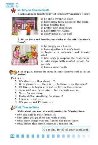 88
Unit 3
VI. Time to Communicate
1. Act as Ann and describe your visit to the café “Grandma’s House”.
to be one’s favourite place
to have many tasty dishes on the menu
to take healthy food
to prefer meat dumplings
to have different tastes
to enjoy meals at the cafå
2. Act as Steve and describe your choice at the café “Grandma’s
House”.
to be hungry as a hunter
to have appetizers to one’s taste
to begin with cucumber and tomato
salad
to take cabbage soup for the first course
to take chops with mashed potato for
garnish
to have a sweet tooth
3. a) In pairs, discuss the menu in your favourite café as in the
pattern.
P a t t e r n:
A:	 It’s about ... . How about ...?
B:	 With pleasure ... . Here is ... . Is there ... on the menu?
A:	 I’d like ... to begin with and ... for the first course.
B:	 Same with me. Let’s take ... for the main course.
A:	 No ... for me today.
B:	 Tastes differ. Anything for dessert?
A:	 I have a ... and ... .
B:	 It’s you ... and I’ll take ... .
VII. Time to Write
Write about your meal at a café covering the following items:
•• why this café is your favourite;
•• how often you go there and with whom;
•• what tasty things you can find on the menu there;
•• what dishes this café is especially famous for.
Go to Ex. 48–50 of your Workbook
 