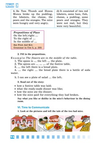 94
Unit 3
4. So Tom Thumb and Hunca
Munca broke up the pudding,
the lobsters, the cheese, the
pears and the oranges. The mice
were hungry and very angry.
d) It consisted of two red
lobsters, some ham, fish,
cheese, a pudding, some
pears and oranges. They
were not real, but they
were very beautiful.
Prepositions of Place
On the left/right ...
To the right of ...
In the middle of ...
See First Aid Kit:
Grammar in Use 5, p. 235
2. Fill in the prepositions.
E x a m p l e:	The flowers are in the middle of the table.
1. The spoon is ... the left ... the plate.
2. The spices are ... ... ... of the festive table.
3. ... the left there is a bread plate.
4. ... the right ... the bread plate there is a bottle of soda
water.
5. I can see a plate of salad ... the left.
3. Read out of the story:
•• how a festive table was laid;
•• what the ready-made dinner was like;
•• how the mice ate the dinner;
•• how the mice paid for everything they had broken.
Say what you like or dislike in the mice’s behaviour in the dining
room.
VI. Time to Communicate
1. Look at the pictures and tell the tale of the two bad mice.
 