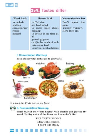96
Unit 3
3:4. Tastes differ
Word Bank Phrase Bank Communication Box
to include
portion
cheeseburger
recipe
instead
puffed rice
sea food salad
to know much about
cooking
to do sth in no time at
all
guessing game
(not)to be much of smb
take-away food
to have a meal outdoors
Don’t speak too
soon.
Yummy, yummy.
Here they are.
I. Conversation Warm-up
Look and say what dishes are to your taste.
fruits
chicken hotdog
cakepizza
hamburger
ice cream
E x a m p l e:	Fruis are to my taste.
II. Pronunciation Warm-up
Listen to/read the “Taste Rhyme” with emotion and practise the
sound /T/. Say which of the dishes you like or don’t like.
THE TASTE RHYME
I don’t like chicken,
I don’t like steak,
 
