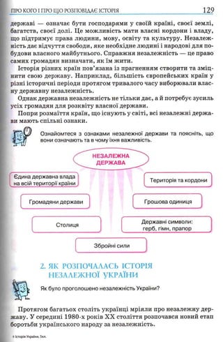 ПРО КОГО I ПРО ЩО РОЗПОВІДАЄ ІСТОРІЯ 129
державі — означає бути господарями у своїй країні, своєї землі,
багатств, своєї долі. Це можливість мати власні кордони і владу,
що підтримує права людини, мову, освіту та культуру. Незалеж­
ність дає відчуття свободи, яке необхідне людині і народові для по­
будови власного майбутнього. Справжня незалежність — це право
самих громадян визначати, як їм жити.
Історія різних країн пов’язана із прагненням створити та зміц­
нити свою державу. Наприклад, більшість європейських країн у
різні історичні періоди протягом тривалого часу виборювали влас­
ну державну незалежність.
Однак державна незалежність не тільки дає, а й потребує зусиль
усіх громадян для розквіту власної держави.
Попри розмаїття країн, що існують у світі, всі незалежні держа­
ви мають спільні ознаки.
Ознайомтеся з ознаками незалежної держави та поясніть, що
^ вони означають та в чому їхня важливість.
Єдина державна влада
на всій території країни
НЕЗАЛЕЖНА
ДЕРЖ АВА
Територія та кордони
Громадяни держави Грошова одиниця
Столиця
Державні символи:
герб, гімн, прапор
Збройні сили
2. ЯК РОЗПОЧАЛАСЬ ІСТОРІЯ
НЕЗАЛЕЖНОЇ УКРАЇНИ
Як було проголошено незалежність України?
Протягом багатьох століть українці мріяли про незалежну дер­
жаву. У середині 1980-х років XX століття розпочався новий етап
боротьби українського народу за незалежність.
5 Історія України, 5кл.
 