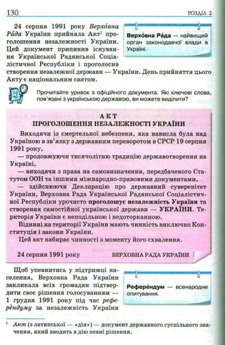 130 РОЗДІЛ 2
24 серпня 1991 року Верховна
Рада України прийняла Акт1 про­
голошення незалежності України.
Цей документ припинив існуван­
ня Української Радянської Соціа­
лістичної Республіки і проголосив
створення незалежної держави — України. День прийняття цього
Акту є національним святом.
Прочитайте уривок з офіційного документа. Які ключові слова,
пов’язані з українською державою, ви можете виділити?
А К Т
ПРОГОЛОШЕННЯ НЕЗАЛЕЖНОСТІ УКРАЇНИ
Виходячи із смертельної небезпеки, яка нависла була над
Україною в зв’язку з державним переворотом в СРСР 19 серпня
1991 року,
— продовжуючи тисячолітню традицію державотворення на
Україні,
— виходячи з права на самовизначення, передбаченого Ста­
тутом ООН та іншими міжнародно-правовими документами,
— здійснюючи Декларацію про державний суверенітет
України, Верховна Рада Української Радянської Соціалістич­
ної Республіки урочисто проголошує незалежність України та
створення самостійної української держави — УКРАЇНИ. Те­
риторія України є неподільною і недоторканною.
Віднині на території України мають чинність виключно Кон­
ституція і закони України.
Цей акт набирає чинності з моменту його схвалення.
24 серпня 1991 року ВЕРХОВНА РАДА УКРАЇН И
Щоб упевнитись у підтримці на- щ ^ т fh
селения, Верховна Рада України - u
закликала всіх громадян підтвер- Референдум — всенародне
дити своє рішення голосуванням — опитування.
1 грудня 1991 року під час рефе­
рендуму за незалежність України
1 Акт (з латинської — «дія») —документ державного суспільного зна­
чення, який вводить в дію певні рішення.
Референдум — всенародне
опитування.
■яюЦшии
Верховна Рада — найвищий
орган законодавчої влади в
Україні.
 