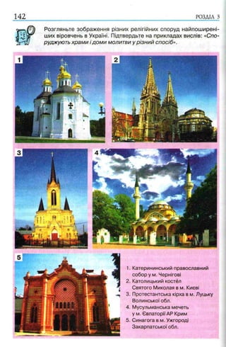 142 РОЗДІЛ з
Розгляньте зображення різних релігійних споруд найпоширені­
ших віровчень в Україні. Підтвердьте на прикладах вислів: «Спо­
руджують храми і доми молитви у різний спосіб».
1. Катерининський православний
собор у м. Чернігові
2. Католицький костел
Святого Миколая в м. Києві
3. Протестантська кірха в м. Луцьку
Волинськоїобл.
4. Мусульманська мечеть
у м. Євпаторії АР Крим
5. Синагога в м. Ужгороді
Закарпатської обл.
 