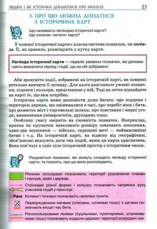 ЗВІДКИ І ЯК ІСТОРИКИ ДІЗНАЮТЬСЯ ПРО МИНУЛЕ 23
3. ПРО ЩО МОЖНА ДІЗНАТИСЯ
З ІСТОРИЧНИХ КАРТ
Що називають легендою історичної карти?
Що означає «читати» карту?
У кожної історичної карти є власна система позначок, чи леген­
да. Її, як правило, розміщують у кутку карти.
Легенда історичної карти — перелік умовних позначок, які допом а­
гають визначити період і події, що на ній зображені.
Аби зрозуміти події, зображені на історичній карті, ви повинні
ретельно вивчити її легенду. Для цього розгляньте умовні познач­
ки, підписи і кольори, представлені у ній. Тоді ви легко віднайдете
на карті те, що вам потрібно.
Історична карта може розповісти дуже багато: про кордони і
територію держав, що змінювалися в часі, про перебіг воєн і битв,
про розвиток міст і торговельні шляхи, про повстання і мирні уго­
ди, виникнення університетів, друкарень тощо.
Особливу увагу зверніть на умовність позначок. Наприклад,
крапка чи кружечок невеликого розміру означають поселення,
один-два вершники — військо, схрещені мечі — найважливіші
битви і т.д. На історичній карті, на відміну від географічної,
обов’язково вказують дати тих подій, яким ця карта присвячена.
Вона пов’язує в одне ціле історичний простір з історичним часом.
Роздивіться позначки, які можуть складати легенду історичної
карти, та поясніть, про що вони розповідають.
Різними кольорами позначають території розселення племен
і народів, країн і держав.
Стрілками різної форми і кольору позначають напрямок руху
учасників подій у просторі.
о Рівне Колами і точками позначають населені пункти.
^ Перехрещеними мечами (списами, штиками тощо) з датами по­
значають місця і час битв.
Різнокольоровими лініями (суцільними, пунктирними, штрихова­
ними тощо) позначають кордони держав і території всередині них.
 