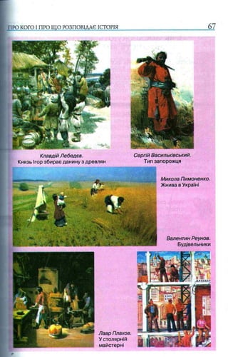 Валентин Реунов.
Будівельники
Лавр Плахов.
У столярній
майстерні
ПРО КОГО I ПРО ЩО РОЗПОВІДАЄ ІСТОРІЯ
Клавдій Лебедев.
Князь Ігор збирає данину з древлян
Сергій Васильківський.
Тип запорожця
Микола Пимоненко.
Жнива в Україні
 