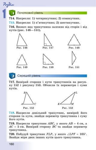 Роздiл
1
160
Початковий рівень
714. Накресли: 1) чотирикутник; 2) семикутник.
715. Накресли: 1) п’ятикутник; 2) шестикутник.
716. Визнач вид трикутника залежно від сторін і від
кутів (рис. 146—151).
Рис. 146 Рис. 147 Рис. 148
Рис. 149 Рис. 150 Рис. 151
Середній рівень
717. Виміряй сторони і кути трикутників на рисун-
ку 152 і рисунку 153. Обчисли їх периметри і суми
кутів.
Рис. 152 Рис. 153
718. Накресли довільний трикутник, виміряй його
сторони та кути, знайди периметр трикутника і суму
його кутів.
719. Накресли трикутник ABC, у якого АВ = 4 см, а
АС = 5 см. Виміряй сторону ВС та знайди периметр
трикутника.
720. Побудуй трикутник FLP, у якого ∠LPF = 105°.
Знай­ди міри двох інших кутів цього трикутника.
 