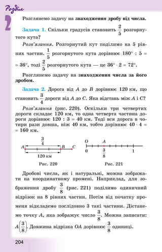Роздiл
2
204
Розглянемо задачу на знаходження дробу від числа.
Задача 1. Скільки градусів становить  розгорну-
того кута?
Розв’язання. Розгорнутий кут поділимо на 5 рів-
них частин. розгорнутого кута дорівнює 180° : 5 =
= 36°, тоді розгорнутого кута — це 36° ⋅ 2 = 72°.
Розглянемо задачу на знаходження числа за його
дробом.
Задача 2. Дорога від А до В дорівнює 120 км, що
становить  дороги від А до C. Яка відстань між А і C?
Розв’язання (рис. 220). Оскільки три четвертих
дороги складає 120 км, то одна четверта частина до-
роги дорівнює 120 : 3 = 40 км. Тоді вся дорога в чо-
тири рази довша, ніж 40 км, тобто дорівнює 40 ⋅ 4 =
= 160 км.
Рис. 220 Рис. 221
Дробові числа, як і натуральні, можна зобража-
ти на координатному промені. Наприклад, для зо-
браження дробу (рис. 221) поділимо одиничний
відрізок на 8 рівних частин. Потім від початку про-
меня відкладемо послідовно 3 такі частини. Дістане-
мо точку А, яка зображує число . Можна записати:
А  . Довжина відрізка OA дорівнює одиниці.
 