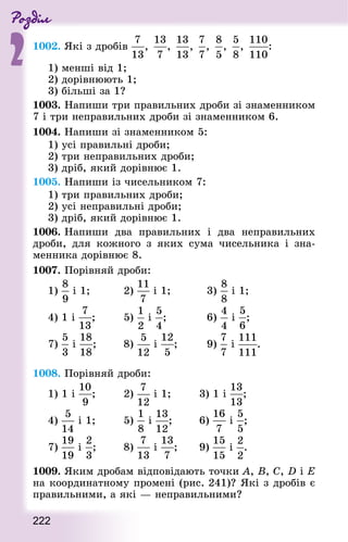 Роздiл
2
222
1002. Які з дробів :
1) менші від 1; 		
2) дорівнюють 1; 	
3) більші за 1?
1003. Напиши три правильних дроби зі знаменником
7 і три неправильних дроби зі знаменником 6.
1004. Напиши зі знаменником 5:
1) усі правильні дроби;
2) три неправильних дроби;
3) дріб, який дорівнює 1.
1005. Напиши із чисельником 7:
1) три правильних дроби;
2) усі неправильні дроби;
3) дріб, який дорівнює 1.
1006. Напиши два правильних і два неправильних
дроби, для кожного з яких сума чисельника і зна-
менника дорівнює 8.
1007. Порівняй дроби:
1) і 1;					 2) і 1;					 3) і 1;
4) 1 і ;				 5) і ;						 6) і ;
7) і ;				 8) і ;				 9) і .
1008. Порівняй дроби:
1) 1 і ;				 2) і 1;				 3) 1 і ;
4) і 1;				 5) і ;				 6) і ;
7) і ;				 8) і ;			 9) і .
1009. Яким дробам відповідають точки A, B, C, D і E
на координатному промені (рис. 241)? Які з дробів є
правильними, а які — неправильними?
 