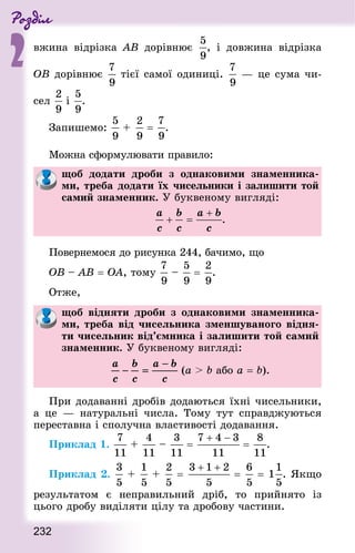 Роздiл
2
232
вжина відрізка АВ  дорівнює , і довжина відрізка
OВ дорівнює тієї самої одиниці.  — це сума чи-
сел і .
Запишемо: +  = .
Можна сформулювати правило:
щоб додати дроби з однаковими знаменника-
ми, треба додати їх чисельники і залишити той
самий знаменник. У буквеному вигляді:
.
Повернемося до рисунка 244, бачимо, що
ОВ – АВ = OA, тому  –  = .
Отже,
щоб відняти дроби з одна­ковими знаменника-
ми, треба від чисельника зменшуваного відня-
ти чисельник від’ємника і залишити той самий
знаменник. У буквеному вигляді:
(a  b або a = b).
При додаванні дробів додаються їхні чисельники,
а це  — натуральні числа. Тому тут справджуються
переставна і сполучна властивості додавання.
Приклад 1. + – = = .
Приклад 2. + + = =   = 1 . Якщо
результатом є неправильний дріб, то прийнято із
цього дробу виділяти цілу та дробову частини.
 