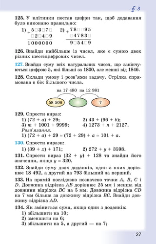 27
§ 3
125. У клітинки постав цифри так, щоб додавання
було виконано правильно:
1) 		 2)
126. Знай­ди найбільше із чисел, яке є сумою двох
різних шестицифрових чисел.
127. Знай­ди суму всіх натуральних чисел, що закінчу-
ються цифрою 5, які більші за 1800, але менші від 1846.
128. Склади умову і розв’яжи задачу. Стрілка спря-
мована в бік більшого числа.
129. Спрости вираз:
1) (72 + a) + 29;				 2) 43 + (96 + b);
3) m + 1001 + 9999; 			 4) 1273 + п + 2127.
Розв’язання.
1) (72 + a) + 29 = (72 + 29) + a = 101 + a.
130. Спрости вирази:
1) (39 + x) + 171;				 2) 272 + у + 3598.
131. Спрости вираз (32 + у) + 128 та знайди його
значення, якщо у = 320.
132. Знай­ди суму двох доданків, один з яких дорів-
нює 18 492, а другий на 793 більший за перший.
133. На прямій послідовно позначено точки А, В, С і
D. Довжина відрізка АВ дорівнює 25 мм і менша від
довжини відрізка ВС на 5 мм. Довжина відрізка CD
на 7 мм більша за довжину відрізка ВС. Знай­ди дов­
жину відрізка AD.
134. Як зміниться сума, якщо один з доданків:
1) збільшити на 10;
2) зменшити на 6;
3) збільшити на 5, а другий — на 7;
 