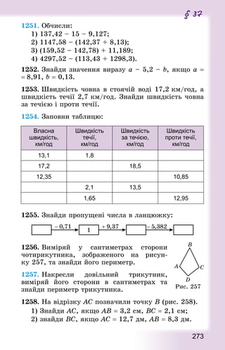 273
§ 37
1251. Обчисли:
1) 137,42 – 15 – 9,127;
2) 1147,58 – (142,37 + 8,13);
3) (159,52 – 142,78) + 11,189;
4) 4297,52 – (113,43 + 1298,3).
1252. Знай­ди значення виразу а – 5,2 – b, якщо а =
= 8,91, b = 0,13.
1253. Швидкість човна в стоячій воді 17,2 км/год, а
швидкість течії 2,7 км/год. Знай­ди швидкість човна
за течією і проти течії.
1254. Заповни таблицю:
Власна
швидкість,
км/год
Швидкість
течії,
км/год
Швидкість
за течією,
км/год
Швидкість
проти течії,
км/год
13,1 1,8
17,2 18,5
12,35 10,85
2,1 13,5
1,65 12,95
1255. Знай­ди пропущені числа в ланцюжку:
1256. Виміряй у сантиметрах сторони
чотирикутника, зображеного на рисун-
ку 257, та знайди його периметр.
1257. Накресли довільний трикутник,
виміряй його сторони в сантиметрах та
знай­ди периметр трикутника.
1258. На відрізку АС позначили точку В (рис. 258).
1) Знай­ди АС, якщо АВ = 3,2 см, ВС = 2,1 см;
2) знайди ВС, якщо АС = 12,7 дм, АВ = 8,3 дм.
Рис. 257
 