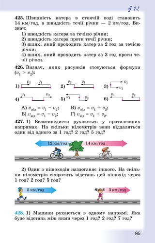 95
§ 12
425. Швидкість катера в стоячій воді становить
14 км/год, а швидкість течії річки — 2 км/год. Ви-
знач:
1) швидкість катера за течією річки;
2) швидкість катера проти течії річки;
3) шлях, який проходить катер за 2 год за течією
річки;
4) шлях, який проходить катер за 3 год проти те-
чії річки.
426. Визнач, яких рисунків стосуються формули
(v1  v2):
А) vзбл = v1 – v2;			 Б) vзбл = v1 + v2;
В) vвід = v1 – v2; 		 Г) vвід = v1 + v2.
427. 1) Велосипедисти рухаються у протилежних
напрямах. На скільки кілометрів вони віддаляться
один від одного за 1 год? 2 год? 5 год?
2) Один з пішоходів наздоганяє іншого. На скіль-
ки кілометрів скоротить відстань цей пішохід через
1 год? 2 год? 5 год?
428. 1) Машини рухаються в одному напрямі. Яка
буде відстань між ними через 1 год? 2 год? 7 год?
 