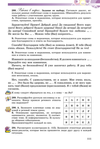 111
288.	Работа в парах. Задание по выбору. Составьте диалог, ис­­
поль­­­зуя данные этикетные слова и выражения. Обменяйтесь результа-
тами работы с участниками других групп.
А. Этикетные слова и выражения, которые используются для привет-
ствия, прощания, просьбы.
Здравствуйте! Привет! Добрый день! До свидания! Всего хоро-
шего! Всего доброго! Будьте здоровы! Пока! До вечера! До встречи!
До завтра! Спокойной ночи! Прощайте! Будьте так любезны ... .
Не могли бы Вы ... . Можно тебя (Вас) попросить...
Б. Этикетные слова и выражения, которые используются для выраже-
ния благодарности и ответа на благодарность.
Спасибо! Благодарим тебя (Вас) за помощь (совет). Я тебе (Вам)
очень обязан. Пожалуйста! Не стоит (благодарности)! Не за что!
В. Этикетные слова и выражения, которые используются для извине-
ния и ответа на извинение.
Извините за опоздание (беспокойство). Я должен извиниться  ...  .
Передайте ему мои извинения.
Ничего, не беспокойтесь! Я уже закончил работу. Я рад тебя
(Вас) видеть!
Г. Этикетные слова и выражения, которые используются для выраже-
ния несогласия, отказа.
Нет, спасибо. С удовольствием, но я занят. Мне очень жаль,
но ... . Это было бы здорово, но ... . К сожалению, я не могу при-
нять твоё (Ваше) предложение (приглашение). Я с тобой (Вами) не
согласен.
К кому следует обращаться на ты, а к кому – на Вы?
289.	Расшифруйте русскую пословицу и за­­
­пишите. Какое правило речевого этикета
она вы­ражает?
290.	А. Запишите ключевые слова по язы-
ковой и речевой темам урока.
Б. Основными критериями, по которым
оценивается диалог, являются: 1) со­от­вет­
ствие теме; 2) информативность; 3) культу-
ра общения собеседников.
Про­­комментируйте каждый из них.
291.	Рассмотрите иллюстрации (с. 112). Запишите этикетные реплики
мини-диалогов, которые могли произнести люди друг другу в каждой
ситуации.
А А Г В О
Д Н О О Н
О З Т Л Р
В Я Ч С У
Я Р О Е Д
 