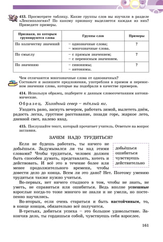 161
413.	Просмотрите таблицу. Какие группы слов вы изучили в разделе
«Лексикология»? По какому признаку выделяется каждая из них?
Приведите примеры.
Признаки, по которым
группируются слова
Группы слов Примеры
По количеству значений – однозначные слова;
– многозначные слова.
?
По смыслу – с прямым значением;
– с переносным значением.
?
По значению – синонимы;
– антонимы.
?
Чем отличаются многозначные слова от однозначных?
Составьте и запишите предложения, употребляя в прямом и перенос-
ном значении слова, которые вы подобрали в качестве примеров.
414.	Используя образец, подберите к данным словосочетаниям антони-
мические.
О б р а з е ц. Холодный север – тёплый юг.
Уходить рано, заснуть вечером, работать зимой, выле­теть днём,
радость легка, грустное расставание, позади горе, жаркое лето,
дневной свет, налево вход.
415.	Послушайте текст, который прочитает учитель. Ответьте на вопрос
заглавия.
ЗАЧЕМ НАДО ТРУДИТЬСЯ?
Если не будешь работать, ты ничего не
добьёшься. Задумывался ли ты над этими
словами? Чтобы трудиться, человек должен
быть способен думать, представлять, хотеть и
действовать. И всё это в течение более или
менее продолжительного времени, чтобы
довести дело до конца. Всем ли это дано? Нет. Поэтому умению
трудиться также нужно учиться.
Во-первых, нет ничего стыдного в том, чтобы не знать, не
уметь, не справиться или ошибиться. Ведь вполне успешные
взрослые когда-то тоже многого не знали и не умели, но посте-
пенно на­­учились.
Во-вторых, если очень стараться и быть настойчивым, то,
в конце концов, обязательно всё получится.
В-третьих, добиться успеха – это большое удовольствие. За­­
кончив дело, ты гордишься собой, чувствуешь себя взрослее.
добьёшься
ошибиться
чувствуешь
действительно
 