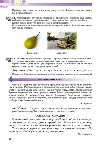 18
Произнесите слова, которые у вас получились. Какие согласные звуки
вы использовали?
32.	Рассмотрите фотоиллюстрации и прочитайте подписи под ними,
соблю­дая правила произношения, указанные в квадратных скобках.
Какое слово пишется так же, как и произносится?
Составьте и запишите предложения, которыми можно было бы подписать
фотоиллюстрации.
Плод [плот] Плот [плот]
33.	Учтите! Фонетический принцип правописания заключается в том,
что написание слова должно соответствовать его произношению.
Прочитайте, правильно проговаривая слова. Написание каких из них
соответствует фонетическому принципу?
Дом, дома, дома, стог, сток, лук, люк, стол, стал, сталь, растил.
Спишите. В каких из этих слов можно сделать ошибки при написании?
Для любознательных
Основное правило фонетического принципа правописания: «Как слышим,
так и пишем». Руководствуясь этим принципом, следовало бы сегодня писать
«горат» вместо город или «пити» вместо пяти. Разумеется, первоначально
буквенно-звуковая система русского письма была ориентирована именно на
произношение. В древнерусских текстах (например, берестяных грамотах)
можно встретить такие написания, как бестыда (без стыда), безлобы (без
злобы) и даже бежнего (без него).
Из журнала
34.	Работа в парах. Прочитайте текст вслух по очереди несколько
раз. Проанализируйте правильность чтения друг друга.
ОСИНКАМ ХОЛОДНО
В солнечный день осенью на опушке леса собрались молодые
разноцветные осинки, одна к другой, как будто им там, в лесу,
стало холодно и они вышли погреться на солнышко, на опушку.
Так иногда в деревнях выходят люди посидеть на завалинке ,
отдохнуть, поговорить после трудового дня.
М. Пришвин
 
