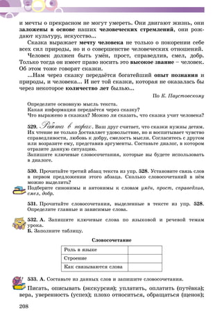 208
и мечты о прекрасном не могут умереть. Они двигают жизнь, они
заложены в основе наших человеческих стремлений, они рож-
дают культуру, искусство...
Сказка выражает мечту человека не только о покорении себе
всех сил природы, но и о совершенстве человеческих отношений.
Человек должен быть умён, прост, справедлив, смел, добр.
Только тогда он имеет право носить это высокое звание – человек.
Об этом тоже говорят сказки.
...Нам через сказку передаётся богатейший опыт познания и
природы, и человека... И нет той сказки, которая не оказалась бы
через некоторое количество лет былью...
По К. Паустовскому
Определите основную мысль текста.
Какая информация передаётся через сказку?
Что выражено в сказках? Можно ли сказать, что сказка учит человека?
529.	Работа в парах. Ваш друг считает, что сказки нужны детям.
Их чтение не только доставляет удовольствие, но и воспитывает чувст­во
справедливости, любовь к добру, смелость мысли. Согласитесь с другом
или возразите ему, представив аргументы. Составьте диалог, в котором
отразите данную ситуацию.
Запишите ключевые словосочетания, которые вы будете использовать
в диалоге.
530.	Прочитайте третий абзац текста из упр. 528. Установите связь слов
в первом предложении этого абзаца. Сколько словосочетаний в нём
можно выделить?
Подберите синонимы и антонимы к словам умён, прост, справедлив,
смел, добр.
531.	Прочитайте словосочетания, выделенные в тексте из упр. 528.
Определите главные и зависимые слова.
532.	А. Запишите ключевые слова по языковой и речевой темам
урока.
Б. Заполните таблицу.
Словосочетание
Роль в языке
Строение
Как связываются слова
533.	А. Составьте из данных слов и запишите словосочетания.
Писать, описывать (экскурсия); уплатить, оплатить (пу­тёвка);
вера, уверенность (успех); плохо относиться, обра­щаться (щенок);
 