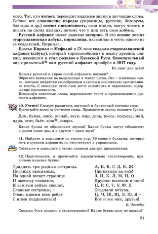 21
мого. Тот, кто читает, переводит видимые знаки в звучащие слова.
Сейчас все славянские народы (украинцы, русские, белорусы,
болгары и др.) имеют письменность, свои книги, могут читать и
писать на своих языках, потому что у них есть своя азбука.
Русский алфавит имеет давнюю историю. В его основе лежит
старо­славянская азбука, кириллица, на­­званная в честь одного из
её создателей, Кирилла.
Братья Кирилл и Мефодий в IX ве­­­­­­ке создали старославянский
алфавит (азбуку), который «приспособился» к языку древних сла­
­вян, изменился и стал родным в Киевской Руси. Оконча­тель­ный
вид при­выч­­­ный нам русский алфавит при­­об­­рёл в 1917 году.
Из книг для детей
Почему русский и украинский алфавиты похожи?
Обратите внимание на выделенные в тексте слова. Это – ключевые сло-
ва, которые являются своеобразным ключом к пониманию прочитанно-
го текста. С помощью этих слов легче запомнить и пересказать содер-
жание прочитанного.
Используя ключевые слова, перескажите текст о происхождении рус-
ского алфавита.
40.	Учтите! Следует различать звуковой и буквенный составы слов.
Прочитайте вслед за учителем слова. Произнесите звуки, назовите буквы.
Дом, буква, мясо, ясный, звук, мир, день, пьеса, подъезд, май,
ядро, этот, бьёт, юла , жюри.
Какие буквы не обозначают звуков? Какие буквы могут обозначать
в од­ном слове два, а в другом – один звук?
41.	Найдите и выпишите из текста упр. 39 слова с буквами, которые
есть в русском алфавите, но отсутствуют в украинском.
Составьте и запишите с этими словами два-три предложения.
42.	Подготовьтесь и прочитайте выразительно стихотворение, пра-
вильно называя буквы.
Тридцать три родных сестрицы,	 А, Б, В, Г, Д, Е, Ж
Писаных красавицы,	 Прикатили на еже!
На одной живут странице	 З, И, К, Л, М, Н, О
И повсюду славятся.	 Дружно вылезли в окно!
К вам они сейчас спешат, 	 П, Р, С, Т, У, Ф, Х
Славные сестрицы, –	 Оседлали петуха,
Очень просим всех ребят 	 Ц, Ч, Ш, Щ, Э, Ю, Я –
С ними подружиться!	 Вот и все они, друзья!
Б. Заходер
Сколько букв названо в стихотворении? Какие буквы поэт не назвал?
 