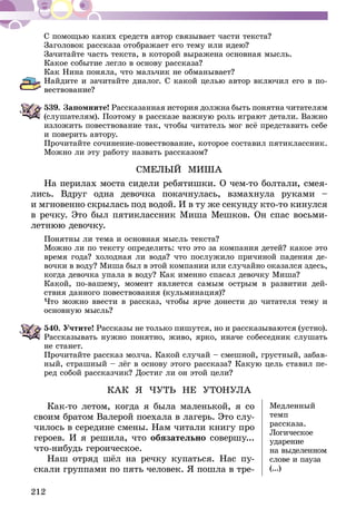 212
С помощью каких средств автор связывает части текста?
Заголовок рассказа отображает его тему или идею?
Зачитайте часть текста, в которой выражена основная мысль.
Какое событие легло в основу рассказа?
Как Нина поняла, что мальчик не обманывает?
Найдите и зачитайте диалог. С какой целью автор включил его в по-
вествование?
539.	Запомните! Рассказанная история должна быть понятна читате­лям
(слушателям). Поэтому в рассказе важную роль играют детали. Важно
изложить повествование так, чтобы читатель мог всё представить себе
и поверить автору.
Прочитайте сочинение-повествование, которое составил пятиклассник.
Можно ли эту работу назвать рассказом?
СМЕЛЫЙ МИША
На перилах моста сидели ребятишки. О чем-то болтали, смея-
лись. Вдруг одна девочка покачнулась, взмахнула руками –
и мгно­­­­­­венно скрылась под водой. И в ту же секунду кто-то кинулся
в речку. Это был пятиклассник Миша Мешков. Он спас восьми-
летнюю девочку.
Понятны ли тема и основная мысль текста?
Можно ли по тексту определить: что это за компания детей? какое это
время года? холодная ли вода? что послужило причиной падения де-
вочки в воду? Миша был в этой компании или слу­чайно оказался здесь,
когда девочка упала в воду? Как именно спасал девочку Миша?
Какой, по-вашему, момент является самым острым в развитии дей-
ствия данного повествования (кульминация)?
Что можно ввести в рассказ, чтобы ярче донести до читателя тему и
основную мысль?
540.	Учтите! Рассказы не только пишутся, но и рассказываются (устно).
Рассказывать нужно понятно, живо, ярко, иначе собеседник слушать
не станет.
Прочитайте рассказ молча. Какой слу­чай – смешной, груст­­ный, забав-
ный, страшный – лёг в основу этого рассказа? Какую цель ставил пе-
ред собой рассказчик? Достиг ли он этой цели?
КАК Я ЧУТЬ НЕ УТОНУЛА
Как-то летом, когда я была маленькой, я со
своим братом Валерой поехала в лагерь. Это слу-
чилось в середине смены. Нам читали кни­гу про
геро­ев. И я решила, что обязательно совершу...
что-нибудь героическое.
Наш отряд шёл на речку купаться. Нас пу­
скали группами по пять человек. Я пошла в тре-
Ме­дленный
темп
расска­за.
Логическое
уда­­­рение
на вы­­деленном
слове и пауза
(...)
 