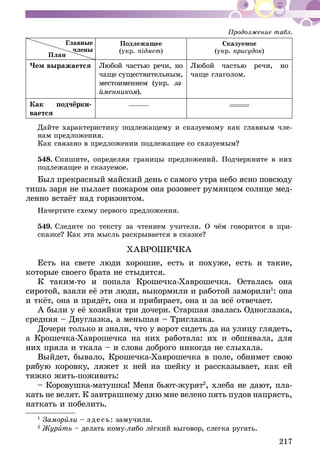 217
План
Подлежащее
(укр. підмет)
Сказуемое
(укр. присудок)
Чем выражается Любой частью речи, но
чаще существительным,
местоимением (укр. за­
ймен­­­­­­­­­ни­­ком).
Любой частью речи, но
чаще глаголом.
Как подчёрки­
вается
Дайте характеристику подлежащему и сказуемому как главным чле-
нам предложения.
Как связано в предложении подлежащее со сказуемым?
548.	Спишите, определяя границы предложений. Подчеркните в них
подлежащее и сказуемое.
Был прекрасный майский день с самого утра небо ясно повсюду
тишь заря не пылает пожаром она розовеет румянцем солнце мед-
ленно встаёт над горизонтом.
Начертите схему первого предложения.
549.	Следите по тексту за чтением учителя. О чём говорится в при-
сказке? Как эта мысль раскрывается в сказке?
ХАВРОШЕЧКА
Есть на свете люди хорошие, есть и похуже, есть и такие,
которые своего брата не стыдятся.
К таким-то и попала Крошечка-Хаврошечка. Осталась она
сиротой, взяли её эти люди, выкормили и работой заморили1
: она
и ткёт, она и прядёт, она и прибирает, она и за всё отвечает.
А были у её хозяйки три дочери. Старшая звалась Одно­глазка,
средняя – Двуглазка, а меньшая – Триглазка.
Дочери только и знали, что у ворот сидеть да на улицу глядеть,
а Крошечка-Хаврошечка на них работала: их и обши­вала, для
них пряла и ткала – и слова доброго никогда не слыхала.
Выйдет, бывало, Крошечка-Хаврошечка в поле, обнимет свою
рябую коровку, ляжет к ней на шейку и рассказывает, как ей
тяжко жить-поживать:
– Коровушка-матушка! Меня бьют-журят2
, хлеба не дают, пла-
кать не велят. К завтрашнему дню мне велено пять пудов напрясть,
наткать и побелить.
1
Заморили – зде сь: замучили.
2
Журить – делать кому-либо лёгкий выговор, слегка ругать.
Главные
члены
Продолжение табл.
 