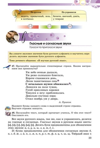 23
По-русски По-украински
видеть, привычный, юла,
в потёмках
бачити, звичний, дзиґа,
у темряві
Гласные и согласные звуки
Голосні та приголосні звуки
Вы узнаете звуковое значение букв русского алфавита и научитесь опре-
делять звуковое значение букв русского алфавита.
Тема речевого общения: «Я изучаю русский язык».
47.	Прочитайте выразительно стихотворные строки. Каким настро­е­
нием они про­ник­нуты?
	 Уж небо осенью дышало,
	 Уж реже солнышко блистало,
	 Короче становился день,
	 Лесов таинственная сень
	 С печальным шумом обнажалась ,
	 Ложился на поля туман,
	 Гусей крикливых караван
	 Тянулся к югу: приближалась
	 Довольно скучная пора;
	 Стоял ноябрь уж у двора.
А. Пушкин
Назовите буквы каждого слова в выделенной строке отрывка.
Выучите отрывок наизусть.
48.	Послушайте текст, который прочитает учитель. О чём этот текст?
Озаглавьте его.
Все звуки русского языка, так же, как и украинского, делятся
на гласные и согласные. Гласных звуков в русском языке шесть:
[а], [о], [у], [и], [ы], [э]. Десять букв предназначены для обозначения
этих звуков: а, о, у, и, ы, э, я, ю, ё, е.
21 буква предназначена для обозначения согласных звуков: б,
в, г, д, ж, з, й, к, л, м, н, п, р, с, т, ф, х, ц, ч, ш, щ. Твёрдый знак ъ
6Урок
 
