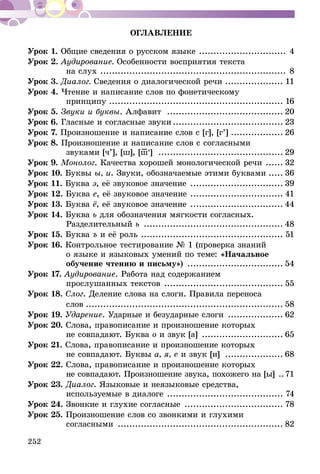 252
ОГЛАВЛЕНИЕ
Урок 1. Общие сведения о русском языке ............................... 4
Урок 2. Аудирование. Особенности восприятия текста
на слух ................................................................. 8
Урок 3. Диалог. Сведения о диалогической речи..................... 11
Урок 4. Чтение и написание слов по фонетическому
принципу............................................................. 16
Урок 5. Звуки и буквы. Алфавит ......................................... 20
Урок 6. Гласные и согласные звуки....................................... 23
Урок 7. Произношение и написание слов с [г], [г’]................... 26
Урок 8. Произношение и написание слов с согласными
звуками [ч’], [ш], [ш–’] ............................................ 29
Урок 9. Монолог. Качества хорошей монологической речи ....... 32
Урок 10. Буквы ы, и. Звуки, обозначаемые этими буквами...... 36
Урок 11. Буква э, её звуковое значение ................................. 39
Урок 12. Буква е, её звуковое значение ................................. 41
Урок 13. Буква ё, её звуковое значение ................................. 44
Урок 14. Буква ь для обозначения мягкости согласных.
Разделительный ь ................................................. 48
Урок 15. Буква ъ и её роль .................................................. 51
Урок 16. Контрольное тестирование № 1 (проверка знаний
о языке и языковых умений по теме: «Начальное
обучение чтению и письму») .................................. 54
Урок 17. Аудирование. Работа над содержанием
прослушанных текстов .......................................... 55
Урок 18. Слог. Деление слова на слоги. Правила переноса
	слов..................................................................... 58
Урок 19. Ударение. Ударные и безударные слоги .................... 62
Урок 20. Слова, правописание и произношение которых
не совпадают. Буква о и звук [а] ............................. 65
Урок 21. Слова, правописание и произношение которых
не совпадают. Буквы а, я, е и звук [и] ..................... 68
Урок 22. Слова, правописание и произношение которых
не совпадают. Произношение звука, похожего на [ы] ...71
Урок 23. Диалог. Языковые и неязыковые средства,
используемые в диалоге ......................................... 74
Урок 24. Звонкие и глухие согласные ................................... 78
Урок 25. Произношение слов со звонкими и глухими
согласными .......................................................... 82
 