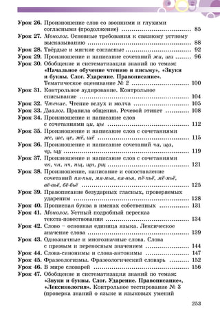 253
Урок 26.	Произношение слов со звонкими и глухими
согласными (продолжение) .................................... 85
Урок 27.	Монолог. Основные требования к связному устному
высказыванию ..................................................... 88
Урок 28.	Твёрдые и мягкие согласные.................................. 92
Урок 29.	Произношение и написание сочетаний жи, ши......... 96
Урок 30.	Обобщение и систематизация знаний по темам:
«Начальное обучение чтению и письму», «Звуки
и буквы. Слог. Ударение. Правописание».
Тематическое оценивание № 2 .............................. 100
Урок 31.	Контрольное аудирование. Контрольное
списывание ........................................................ 104
Урок 32.	Чтение. Чтение вслух и молча ............................. 105
Урок 33.	Диалог. Правила общения. Речевой этикет ............. 108
Урок 34.	Произношение и написание слов
с сочетаниями ци, цы .......................................... 112
Урок 35.	Произношение и написание слов с сочетаниями
же, ше, це, жё, шё ............................................... 115
Урок 36.	Произношение и написание сочетаний ча, ща,
чу, щу ............................................................... 119
Урок 37.	Произношение и написание слов с сочетаниями
чк, чн, нч, нщ, щн, рщ.......................................... 121
Урок 38.	Произношение, написание и сопоставление
сочетаний пя-пья, мя-мья, вя-вья, пё-пьё, мё-мьё,
	 вё-вьё, бё-бьё ....................................................... 125
Урок 39.	Правописание безударных гласных, проверяемых
удареним ........................................................... 128
Урок 40.	Прописная буква в именах собственных ................ 131
Урок 41.	Монолог. Устный подробный пересказ
текста-повествования ........................................... 134
Урок 42.	Слово – основная единица языка. Лексическое
значение слова .................................................... 139
Урок 43.	Однозначные и многозначные слова. Слова
с прямым и переносным значением ....................... 144
Урок 44.	Слова-синонимы и слова-антонимы ....................... 147
Урок 45. Фразеологизмы. Фразеологический словарь ........... 152
Урок 46.	В мире словарей ................................................. 156
Урок 47.	Обобщение и систематизация знаний по темам:
«Звуки и буквы. Слог. Ударение. Правописание»,
«Лексикология». Контрольное тестирование № 3
(проверка знаний о языке и языковых умений
 